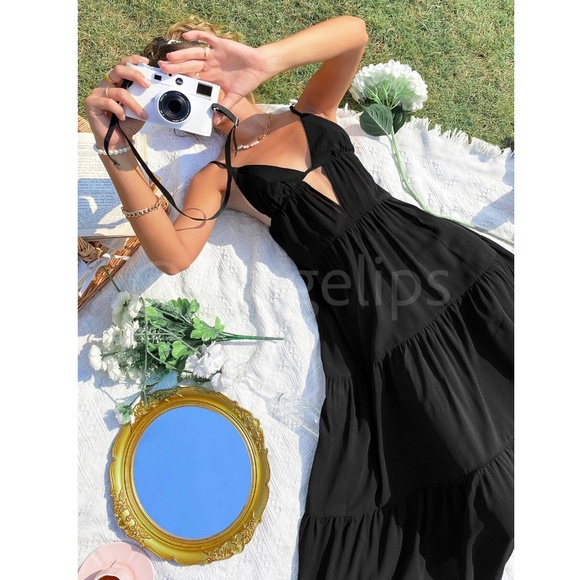 Plunging V Neck Black Maxi Dress Loose Fitting Flared Cami Straps - Picture 12 of 16